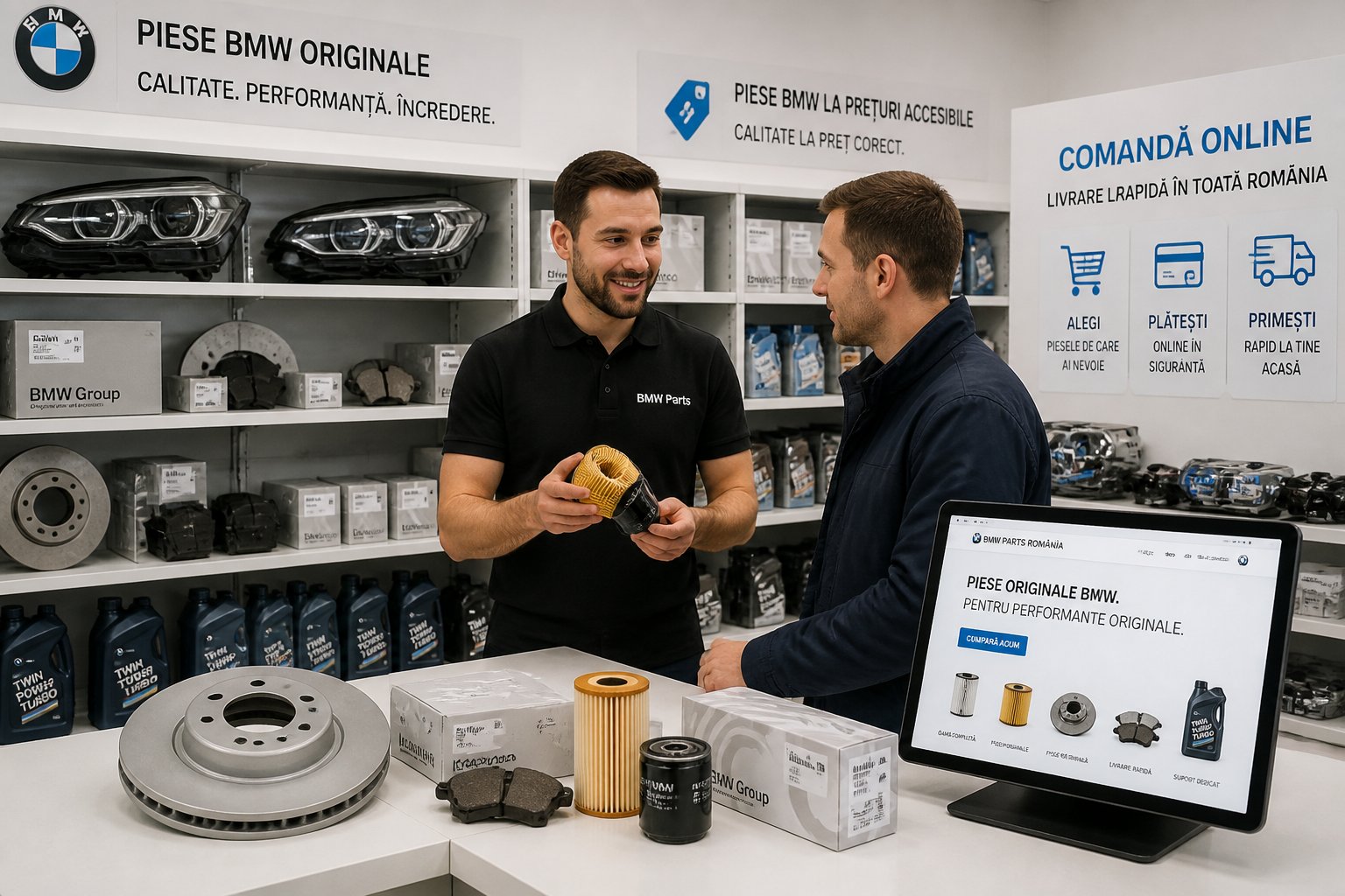 Un magazin de piese auto bine organizat cu piese originale BMW, un angajat ajută un client, iar în fundal se vede un ecran cu magazin online pentru piese BMW în România.