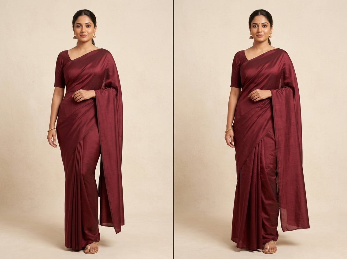 A woman shown side-by-side wearing saree shapewear on one side and traditional petticoat on the other, highlighting the difference in fit and silhouette under a saree.