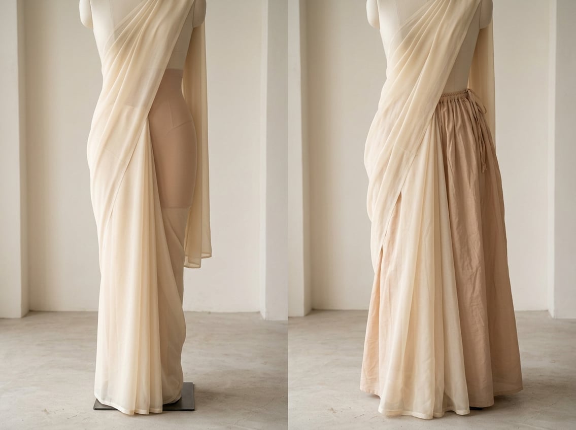 Two mannequins side by side wearing saree shapewear and traditional petticoat under sheer saree fabric, showing differences in fit and shape.