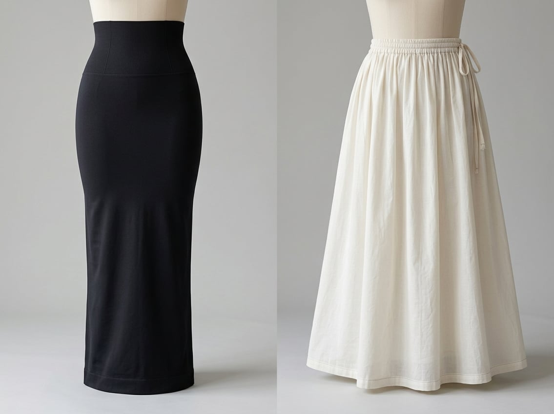 Two types of saree innerwear displayed side by side: a modern shapewear garment and a traditional cotton petticoat, shown clearly for comparison.