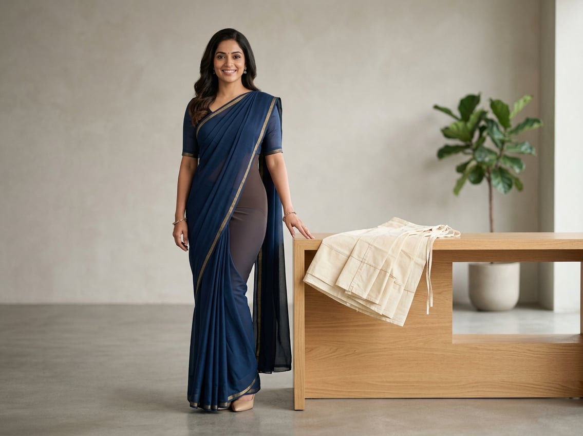 A woman wearing a saree stands next to a table displaying a traditional petticoat, highlighting the difference between saree shapewear and traditional petticoats.