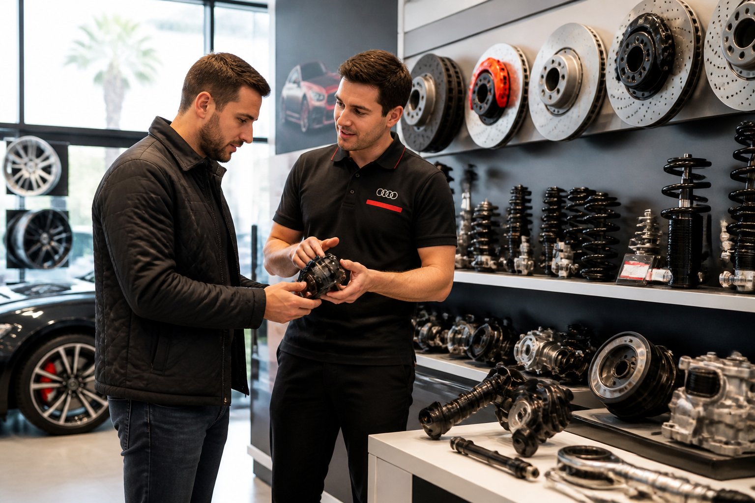 Interior de una tienda de repuestos de automóviles con piezas originales de Audi RS y un vendedor ayudando a un cliente.