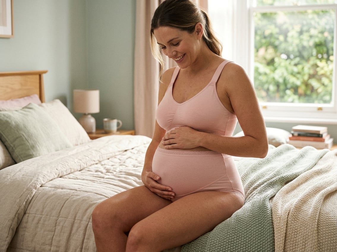 A pregnant woman gently holding her baby bump while wearing comfortable maternity innerwear in a softly lit bedroom.