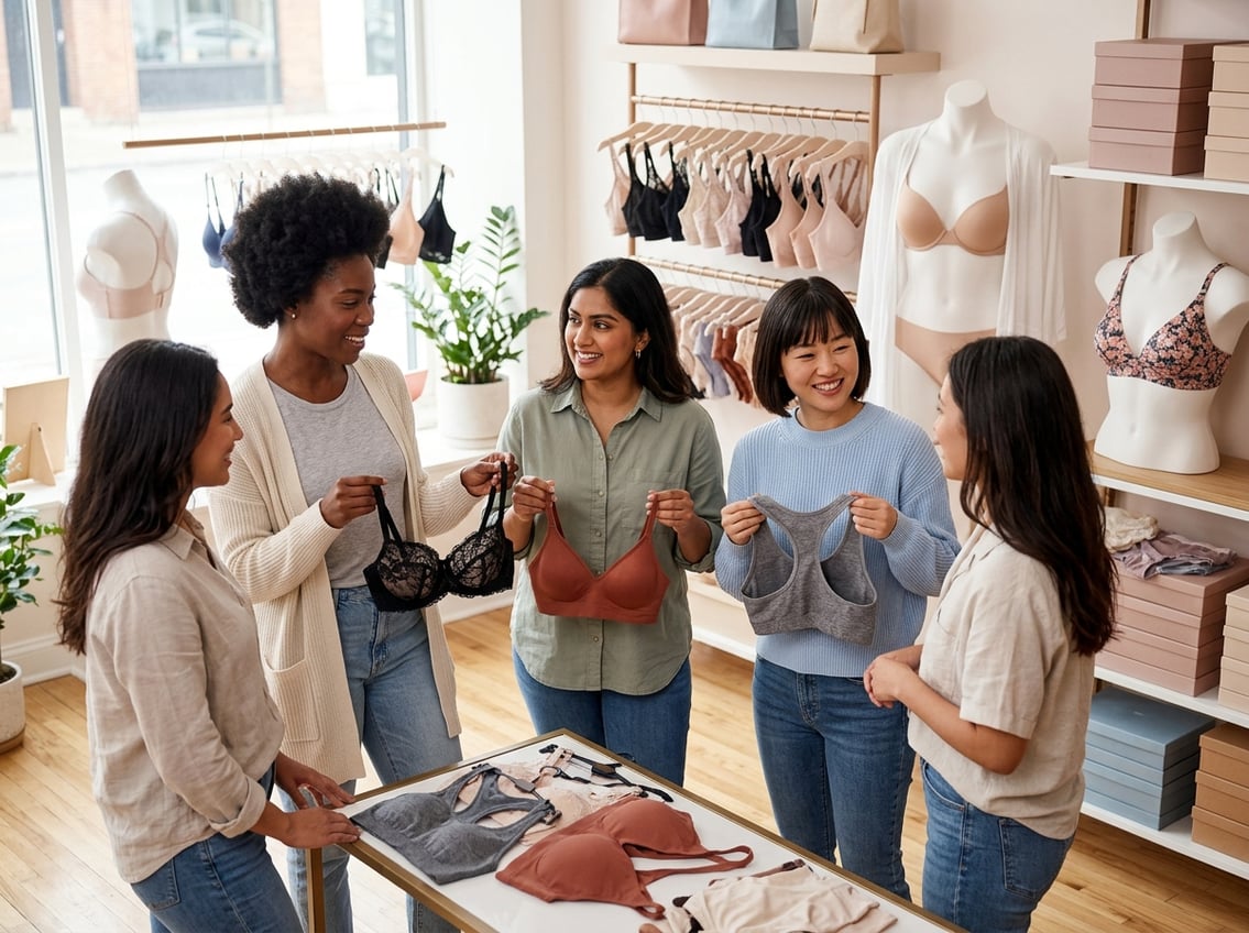 A group of diverse women trying on different types of bras in a bright, modern fitting room.