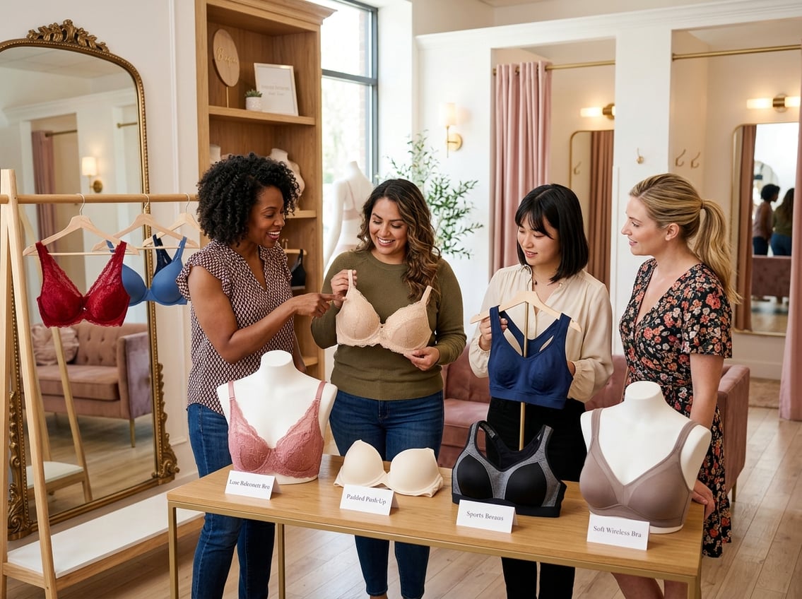 A group of diverse women in a fitting room examining different types of bras displayed on mannequins and racks.