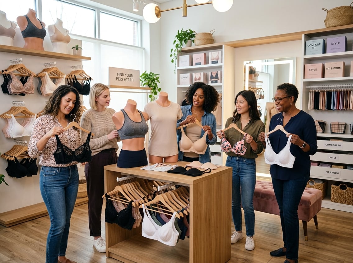 A group of women in a fitting room looking at different bras and discussing their options.
