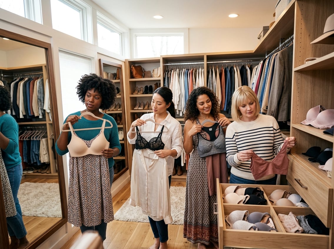 Women choosing bras to match different outfits in a bright dressing room with clothes on hangers.