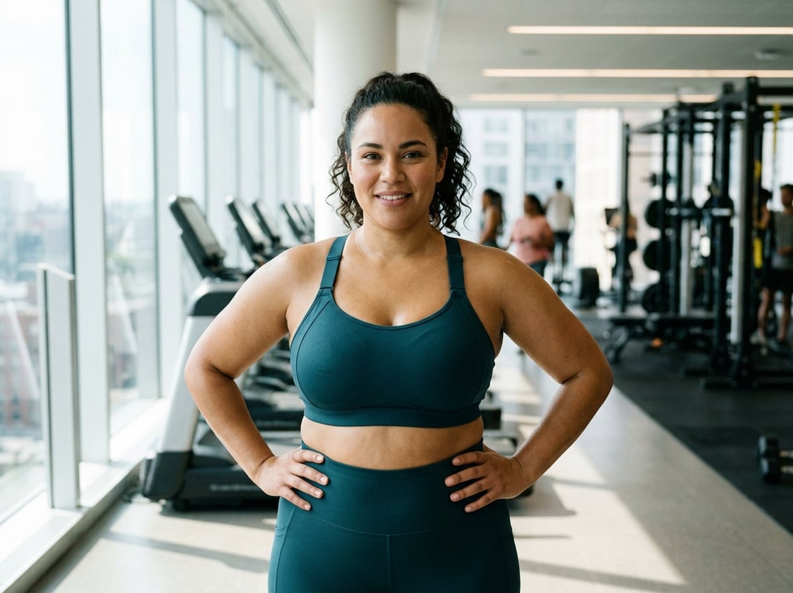 A plus-size woman wearing a supportive sports bra in a bright gym, preparing for a workout.
