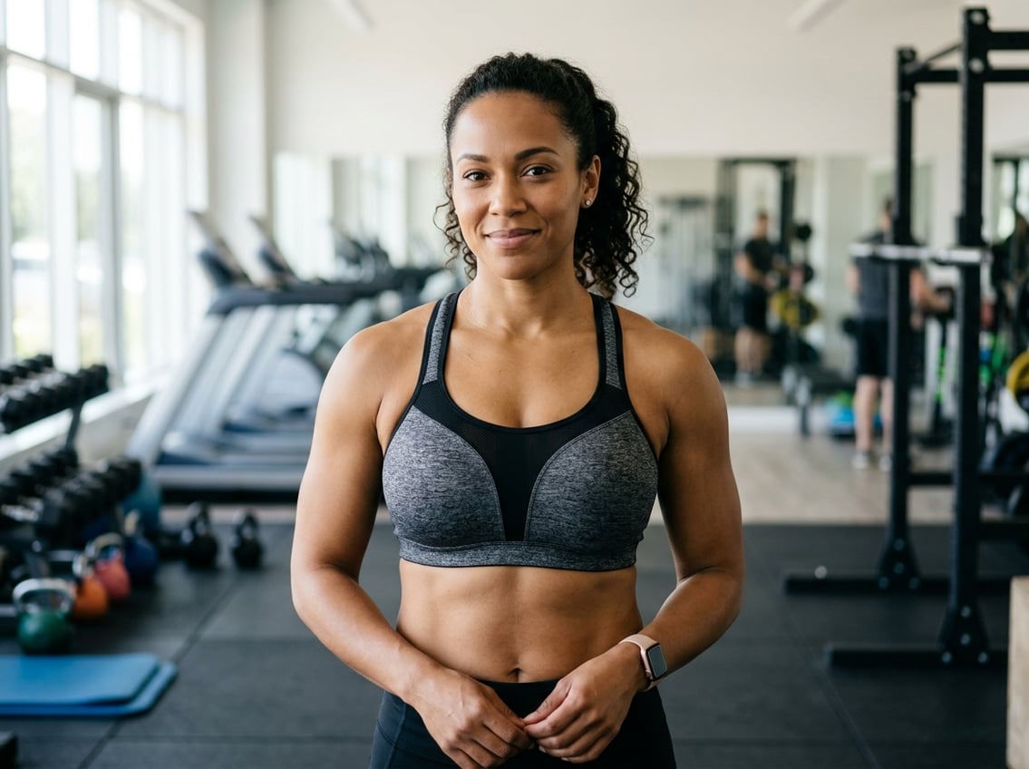 A woman with a large bust wearing a supportive sports bra standing in a gym, smiling confidently.