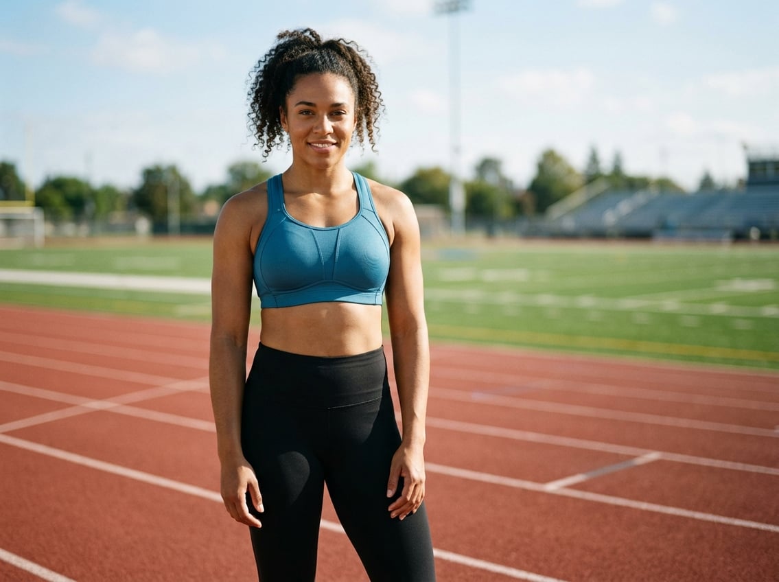 Athletic woman wearing a supportive sports bra outdoors on a running track.