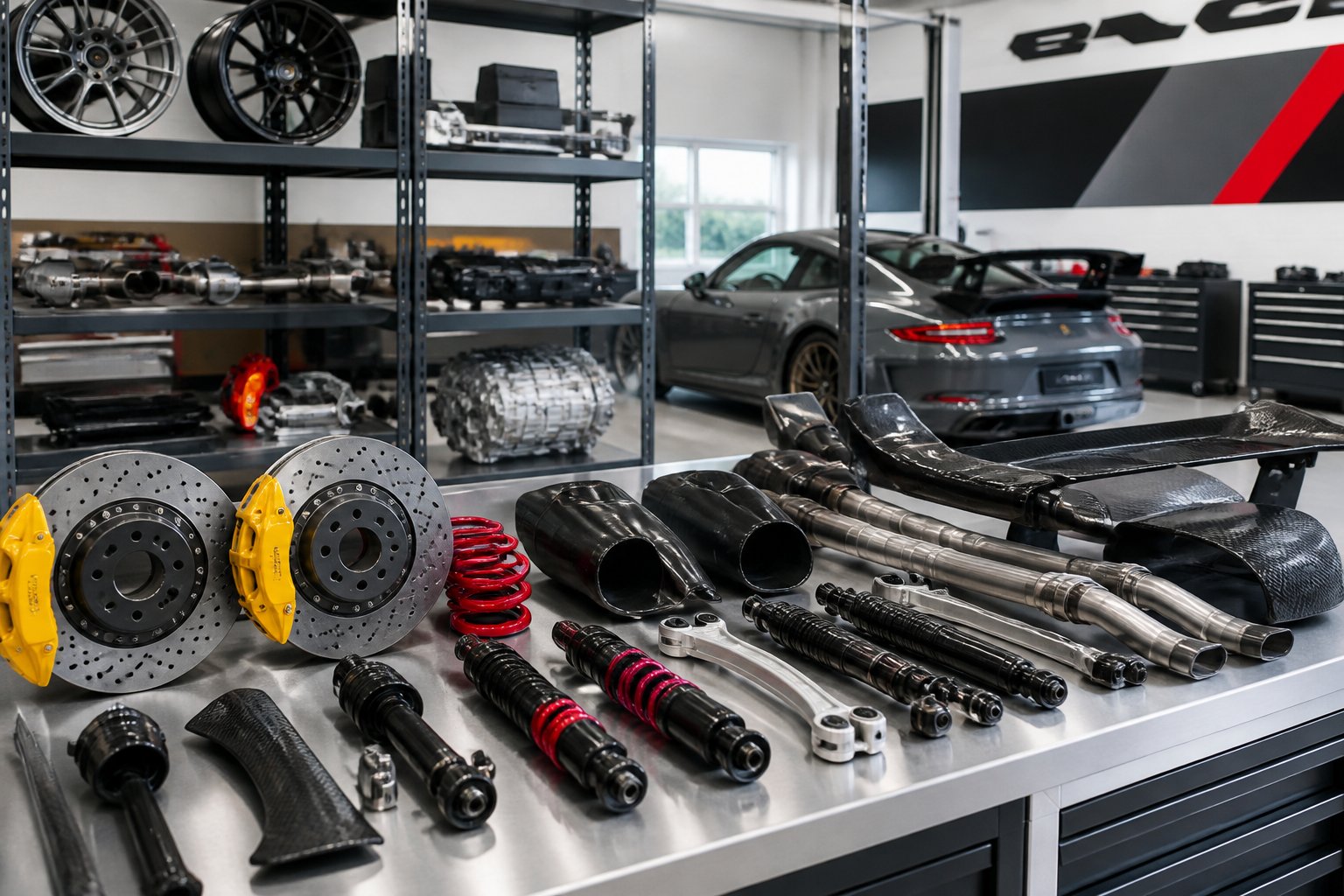 A display of Porsche performance vehicle parts arranged on shelves and workbenches in a clean automotive workshop.
