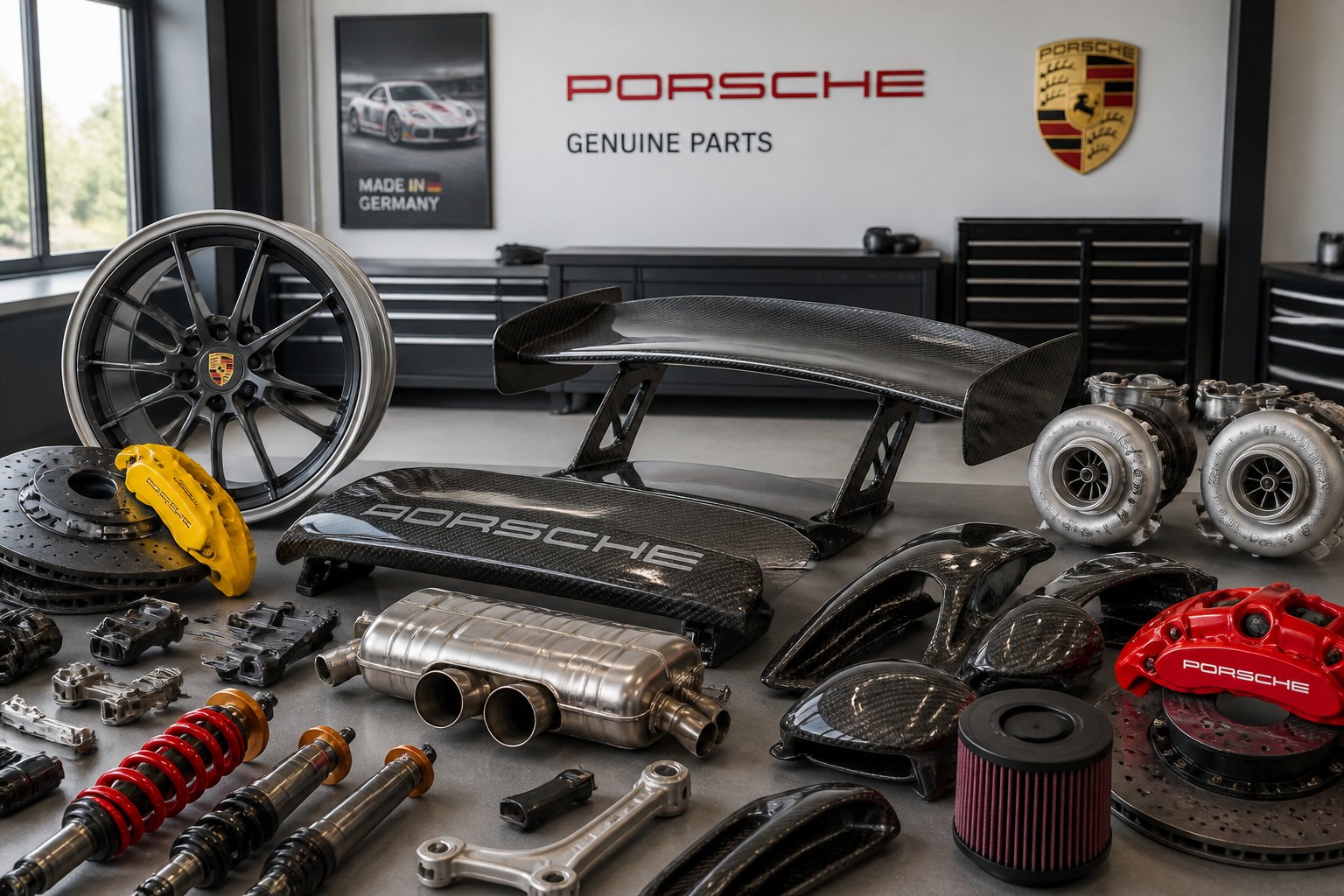 Various Porsche performance car parts displayed neatly on a clean surface in a modern workshop setting.