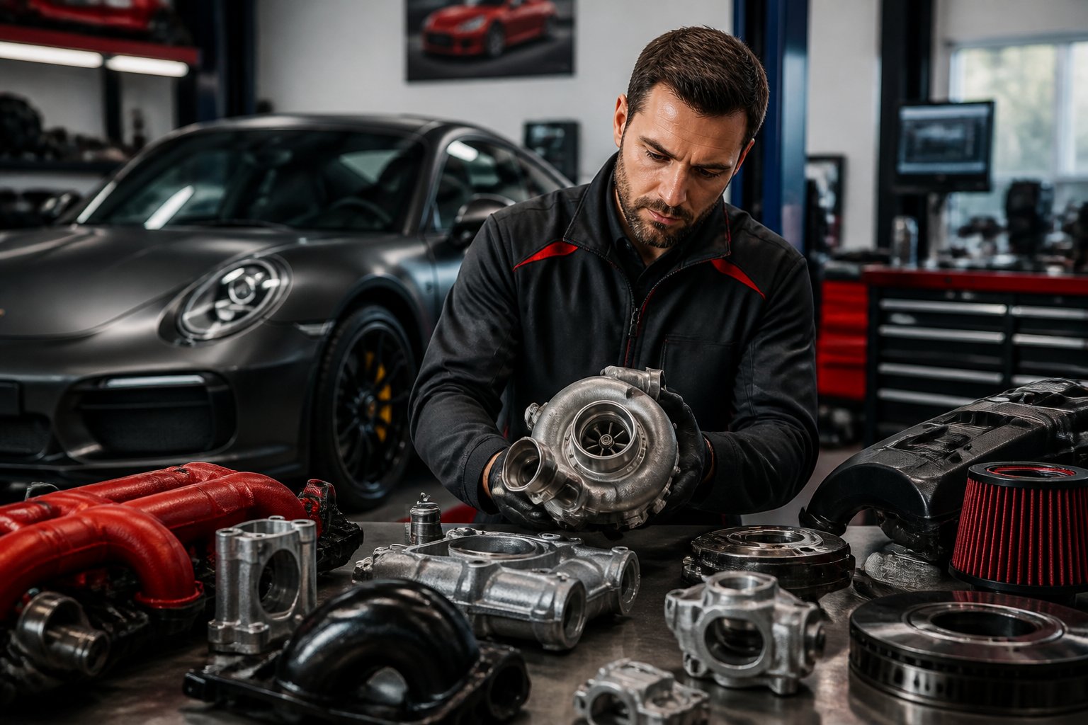 A mechanic in a workshop selecting Porsche car parts with a sports car in the background.