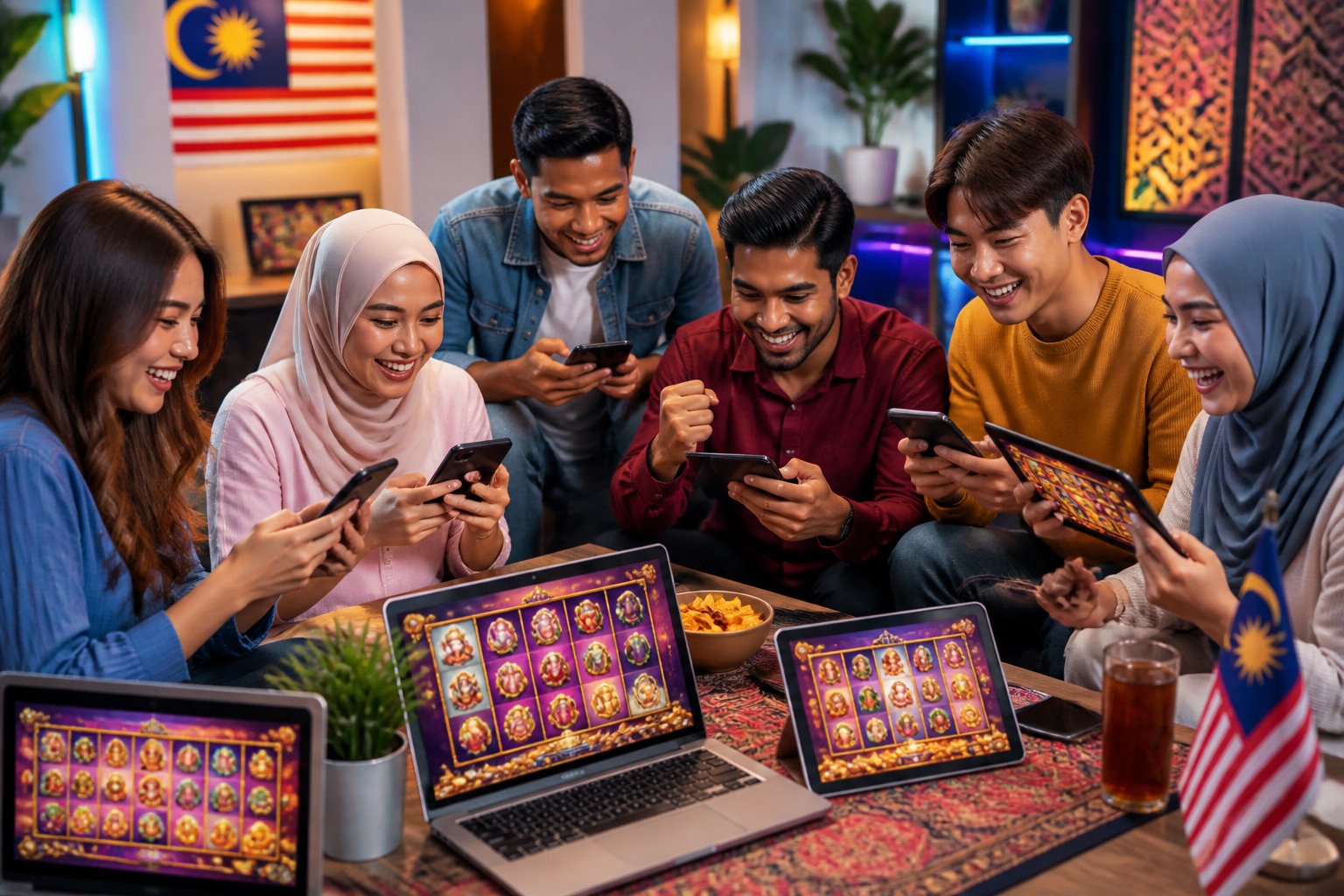 A group of Malaysian players enjoying online casino games together in a modern room with digital devices.