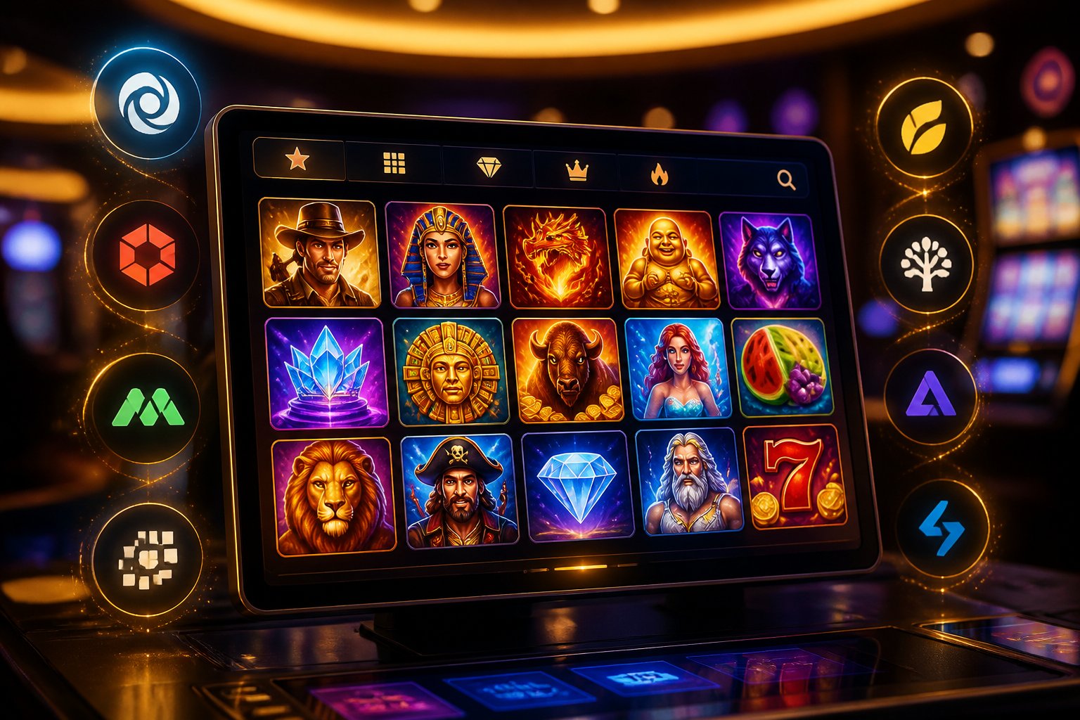 A digital display showing various colorful slot game icons arranged on a large touchscreen with a blurred background.
