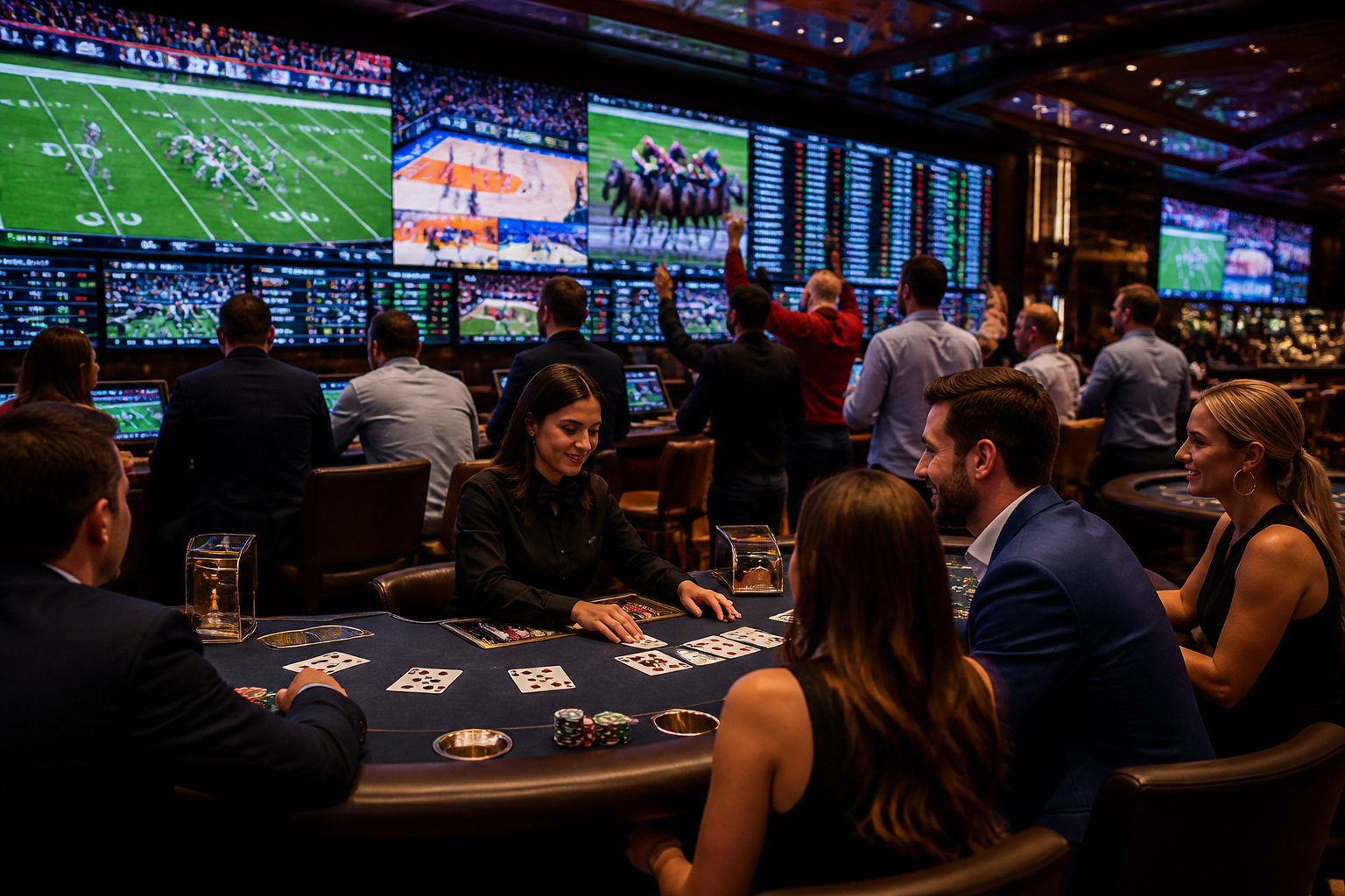 A lively casino floor with dealers at gaming tables and large screens showing live sports events and betting odds.