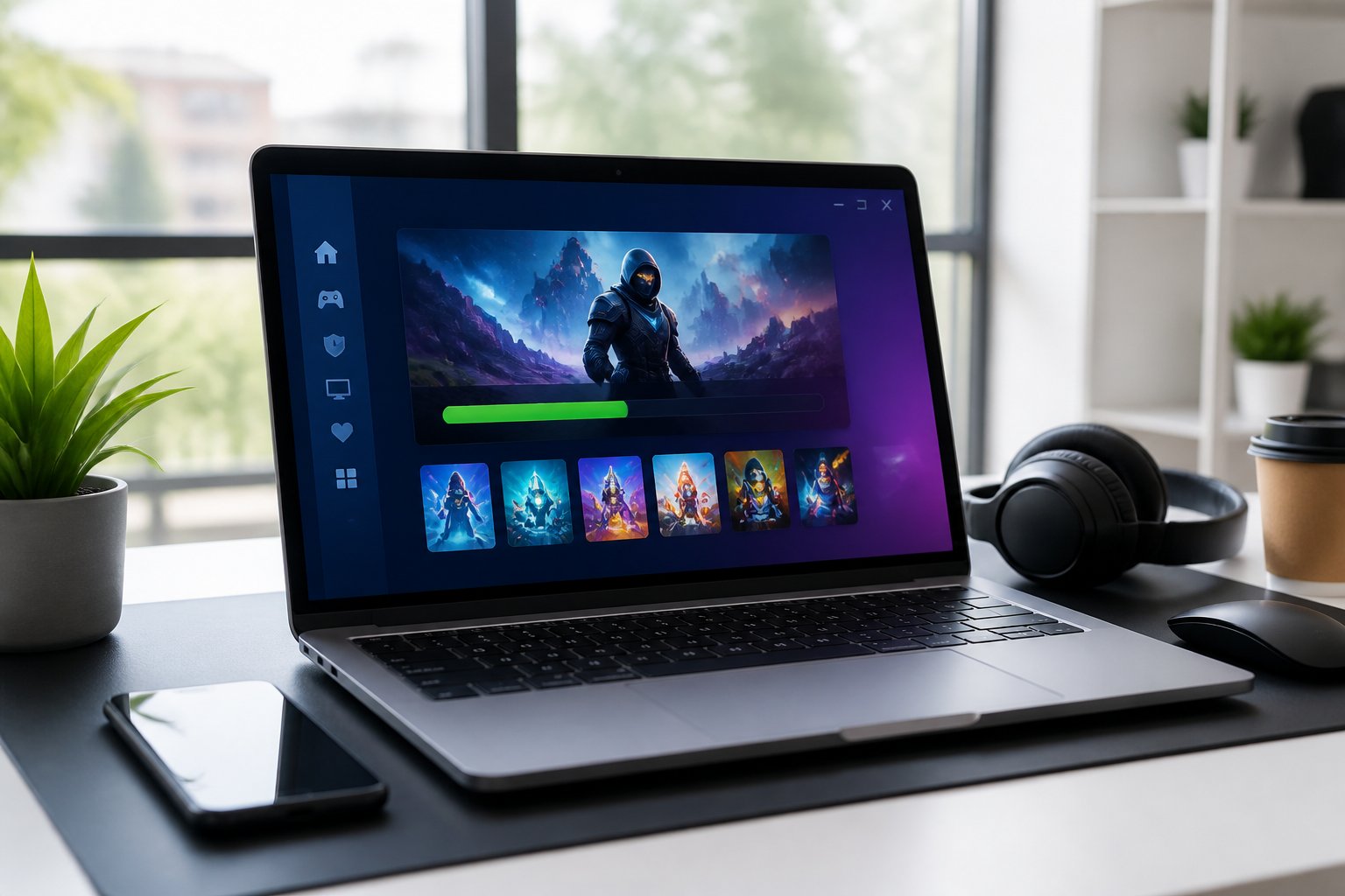 A laptop on a desk showing a colorful app installation screen with tech accessories nearby in a bright workspace.