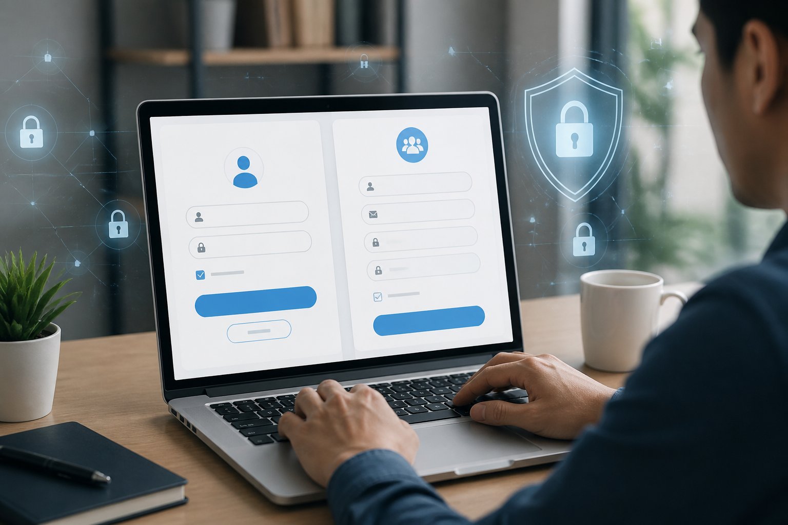 A person using a computer to register or log in to an online account, with digital security icons in the background.