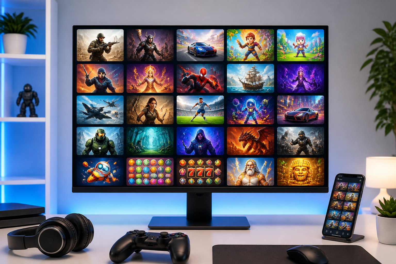 A computer monitor displaying a colorful digital game library with various game thumbnails, surrounded by gaming accessories on a clean desk.