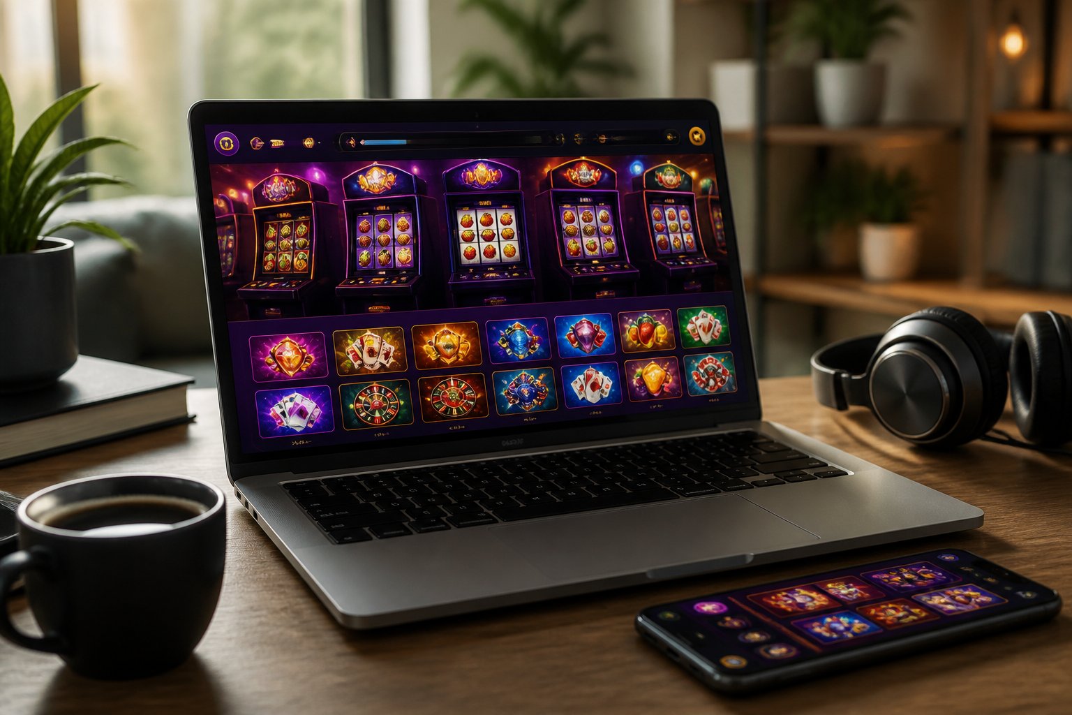 A laptop and smartphone showing colorful casino game screens on a desk with headphones and a coffee cup in a bright room.
