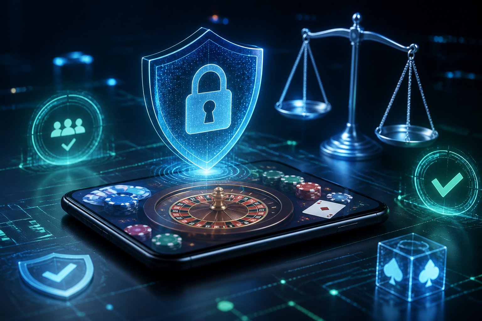 A smartphone displaying an online casino game surrounded by digital security icons like shields and padlocks, symbolizing platform security and fairness.