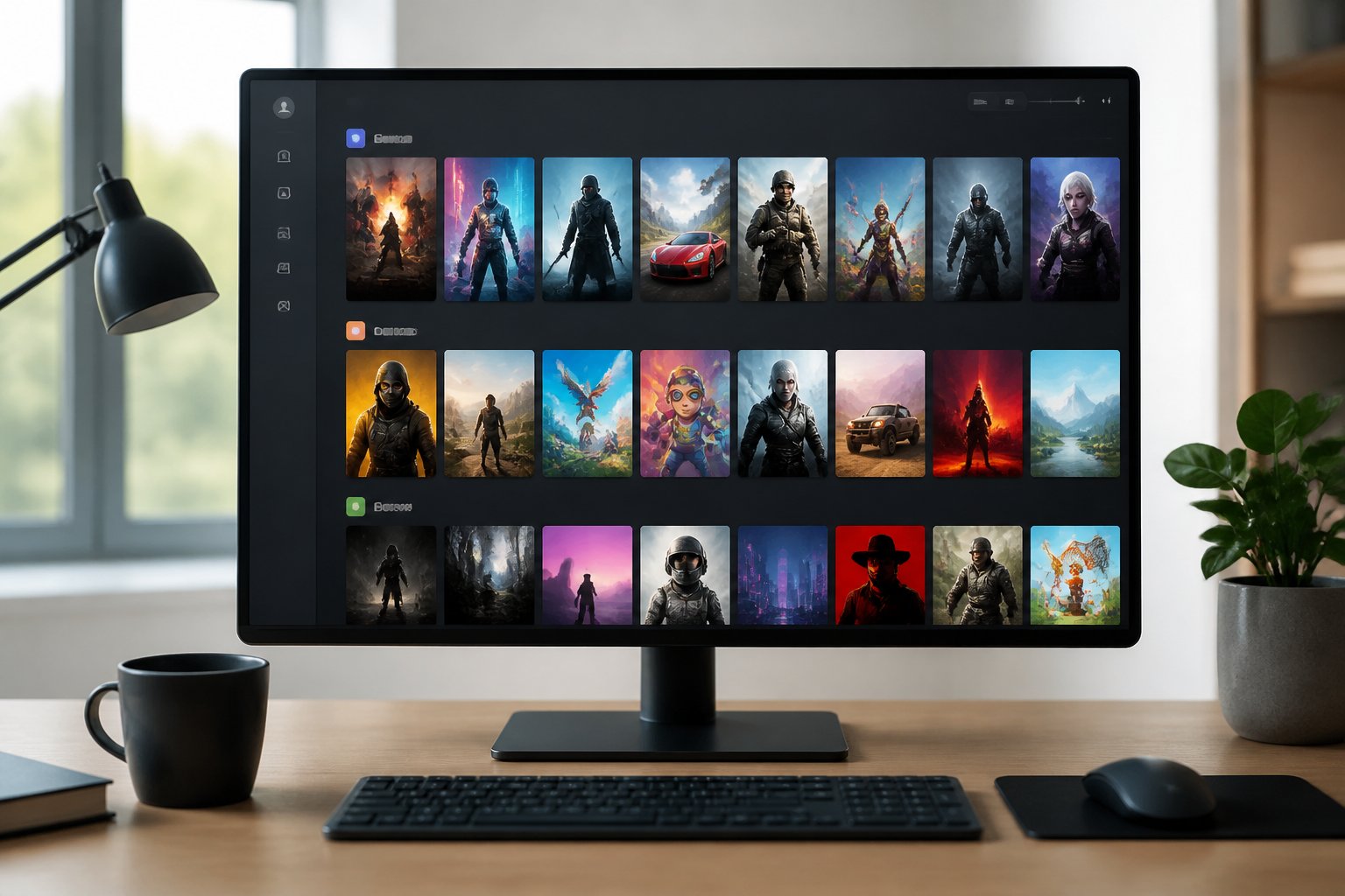 A computer screen showing a digital game library with colorful game thumbnails organized into categories on a desk with a keyboard, mouse, and coffee cup.