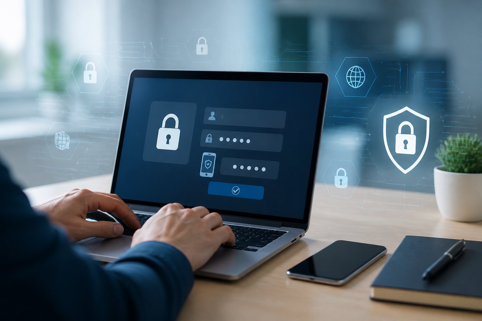 A person using a laptop with a secure login screen and digital security icons floating around, set on a clean desk.