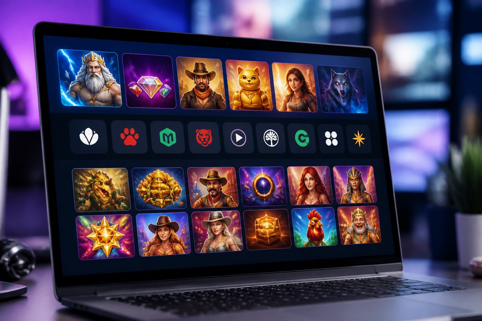 A computer screen showing a colorful digital interface with multiple game icons representing different software providers, set in a modern workspace.