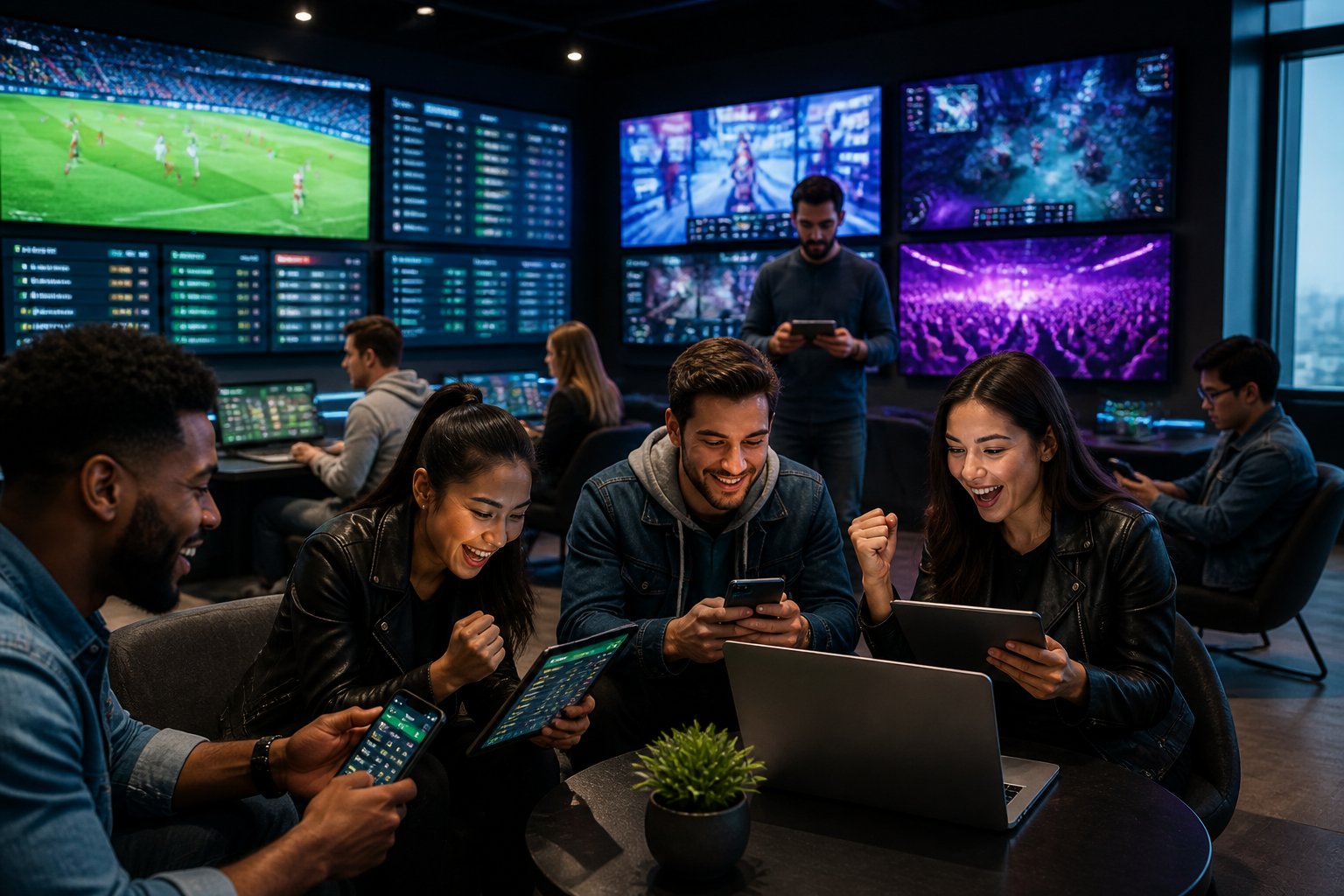 A group of people using digital devices to place bets on sports and esports in a modern lounge with large screens showing live games.