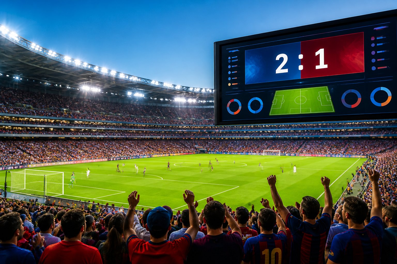 A football stadium filled with cheering fans watching a live match with players actively competing on the field and a scoreboard showing the current score.