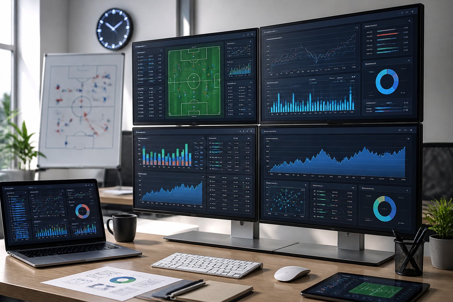 A modern workspace with multiple monitors displaying sports analytics graphs and charts, a laptop, and a cup of coffee on a desk.
