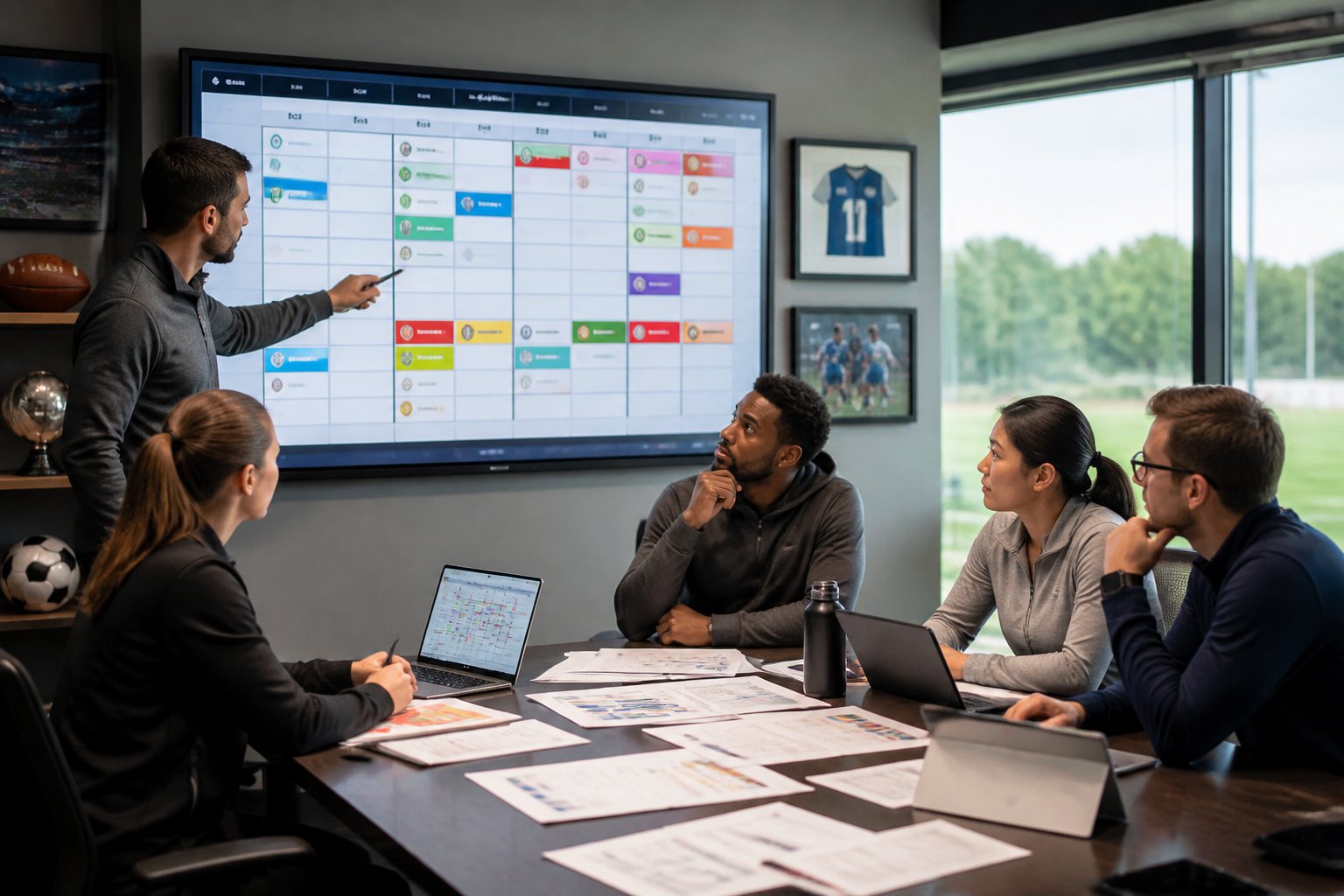 A group of sports analysts and coaches discussing team schedules and fixtures around a conference table with a large digital sports calendar display in the background.