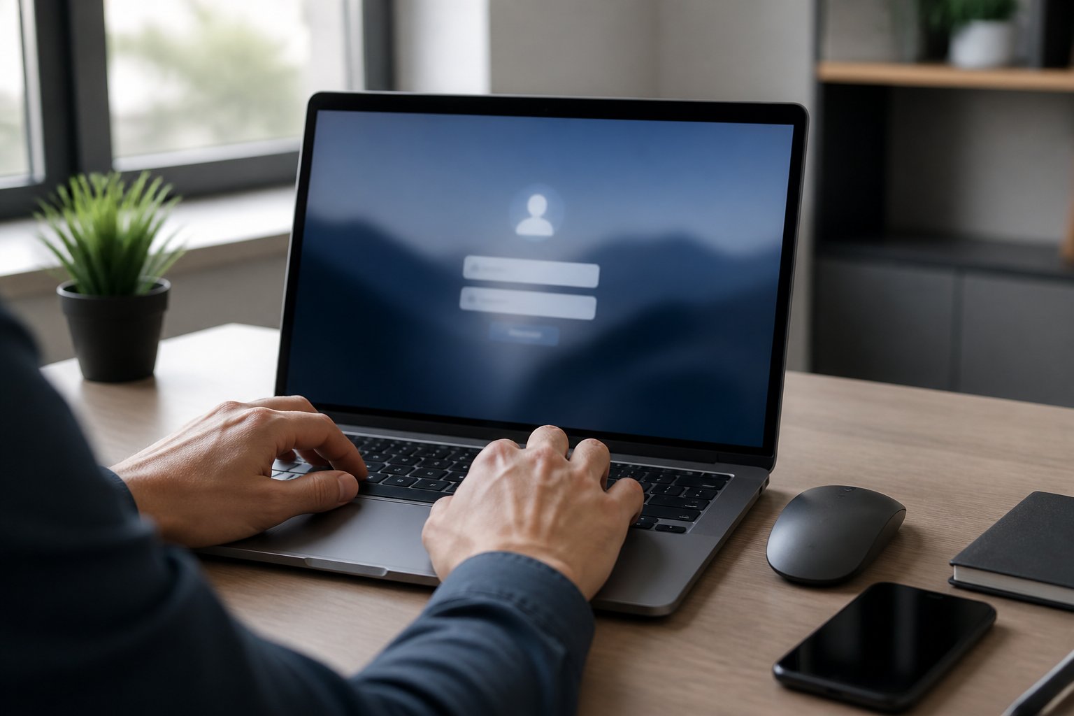 Hands poised over a laptop keyboard on a clean desk, preparing to log in, with tech accessories nearby and natural light coming through a window.