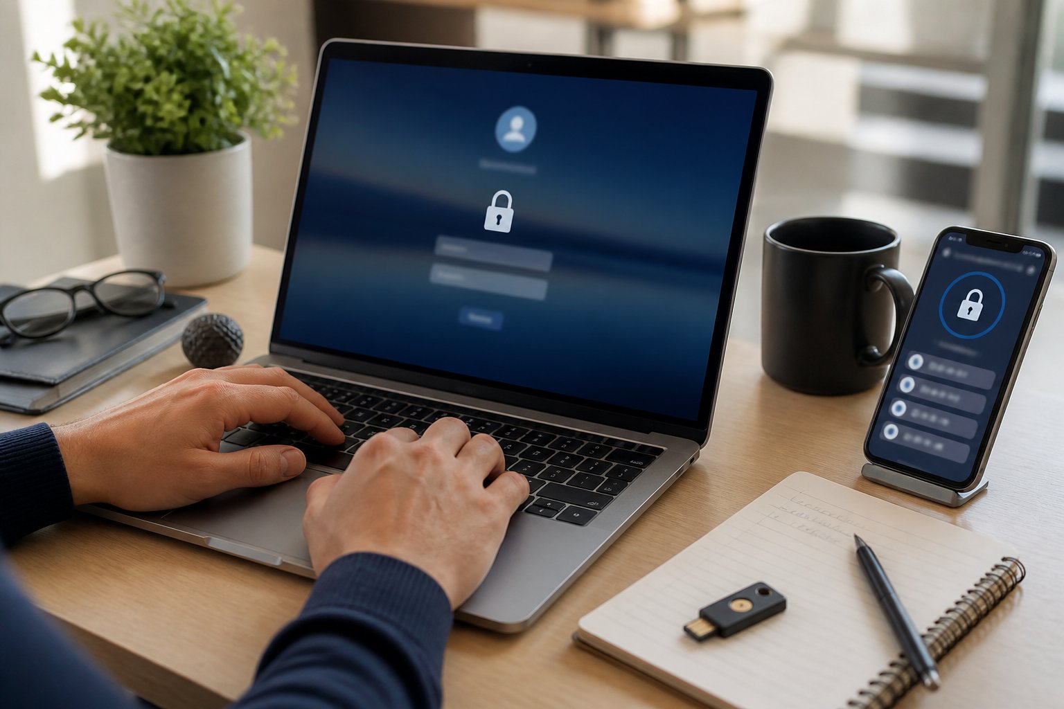 Hands typing on a laptop keyboard on a clean desk with a smartphone, notepad, and security key nearby.
