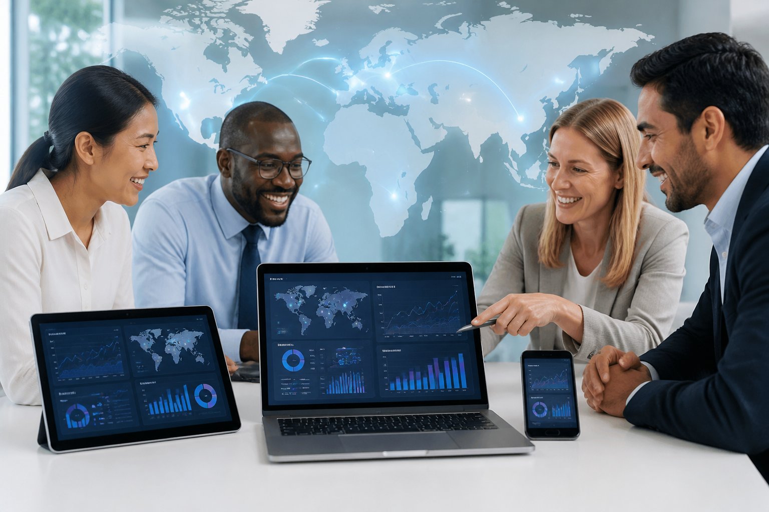 A workspace with multiple devices showing digital platform interfaces and a blurred world map with glowing connection points, with professionals collaborating nearby.