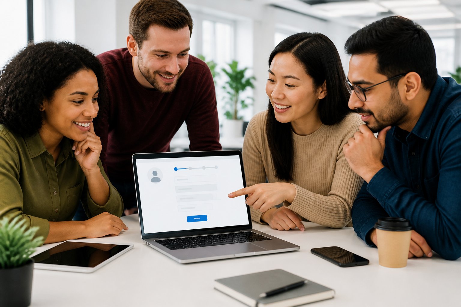 A group of professionals collaborating around a laptop showing a user registration form in a bright office.