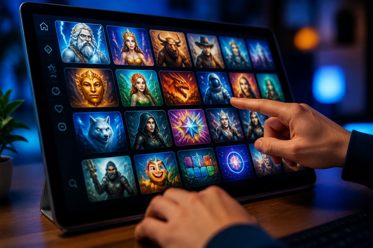 A person interacting with a digital gaming interface showing a variety of game icons on a screen.