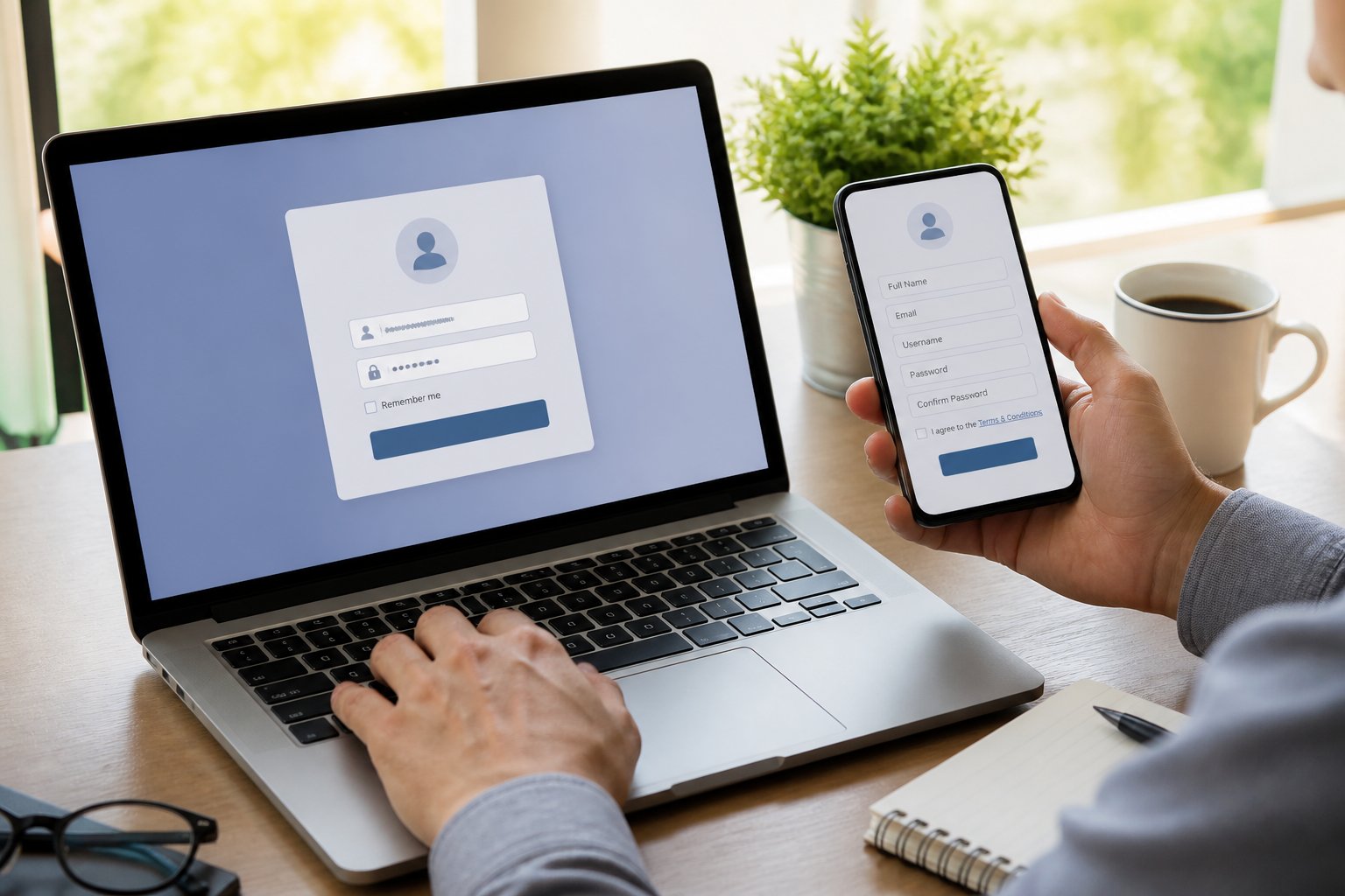 Hands interacting with a laptop and smartphone displaying login and registration forms in a bright workspace.