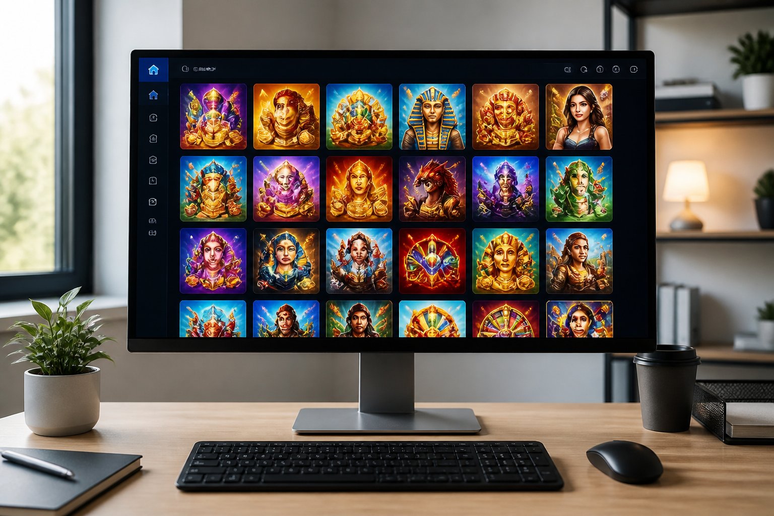A computer monitor displaying a digital game library with colorful game icons in a modern office workspace.