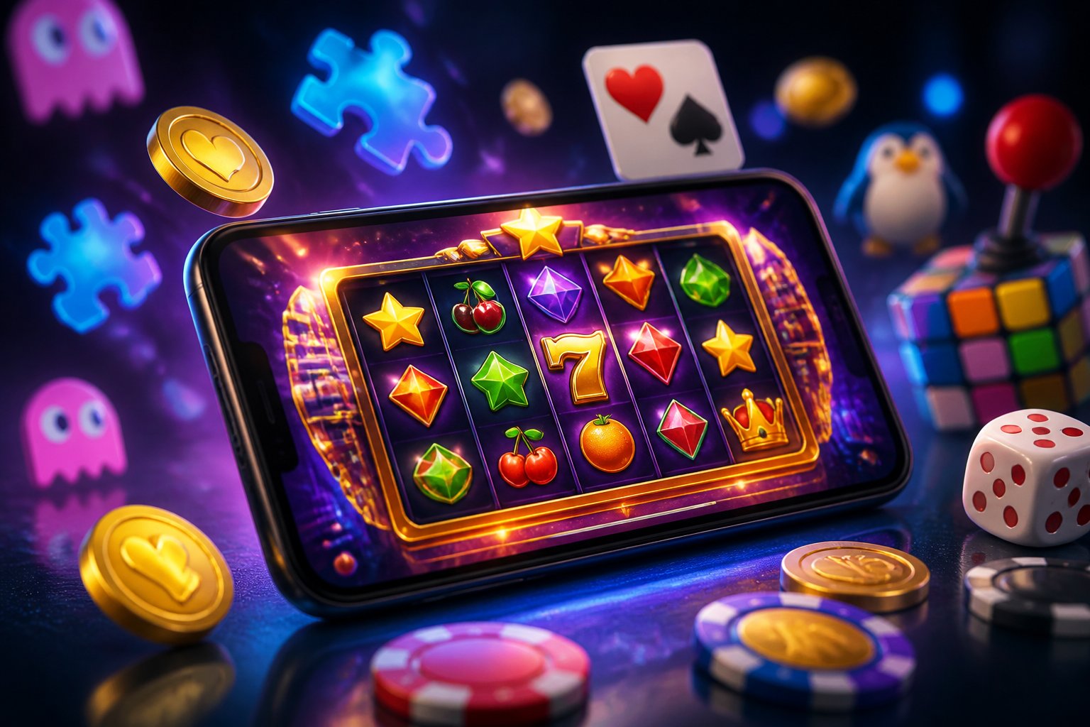 A smartphone showing a colorful game screen surrounded by icons representing different game categories.