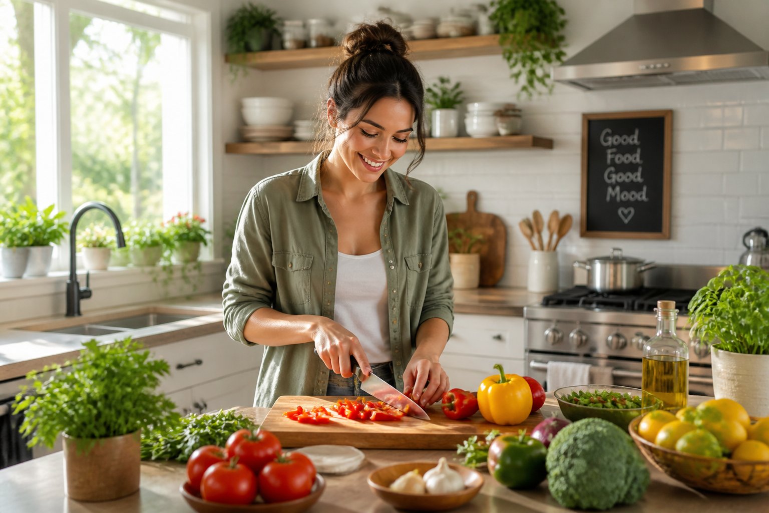 Person preparing vegetables in a bright, organized kitchen with natural light and modern appliances.