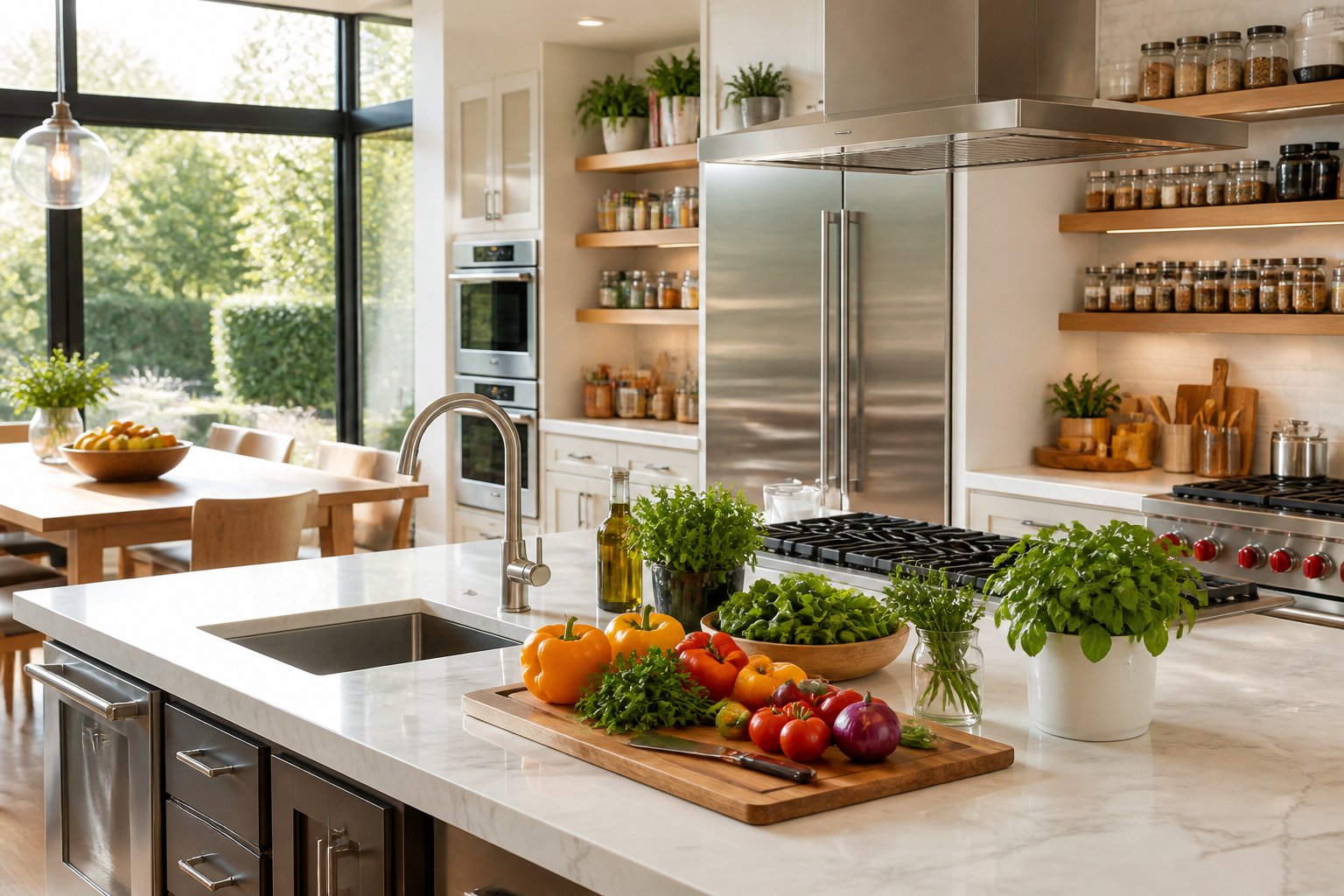 A bright modern kitchen with white countertops, fresh vegetables on the island, stainless steel appliances, and sunlight coming through large windows.