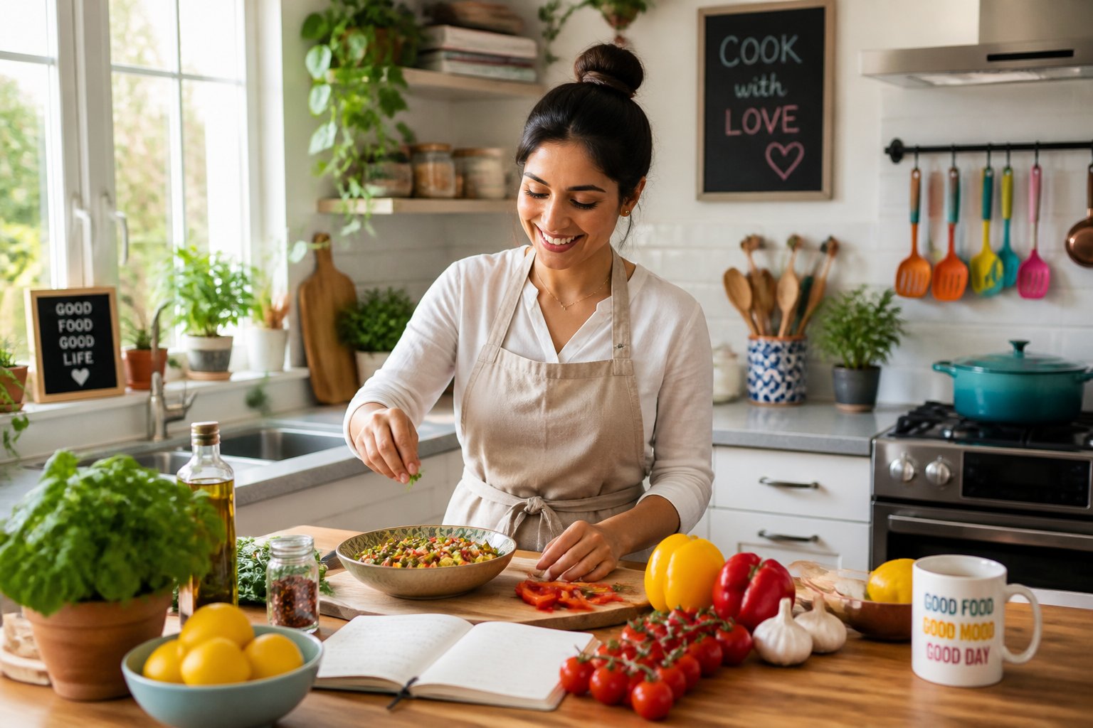 A person preparing food in a bright, organized kitchen with fresh ingredients and personalized items on the countertop.