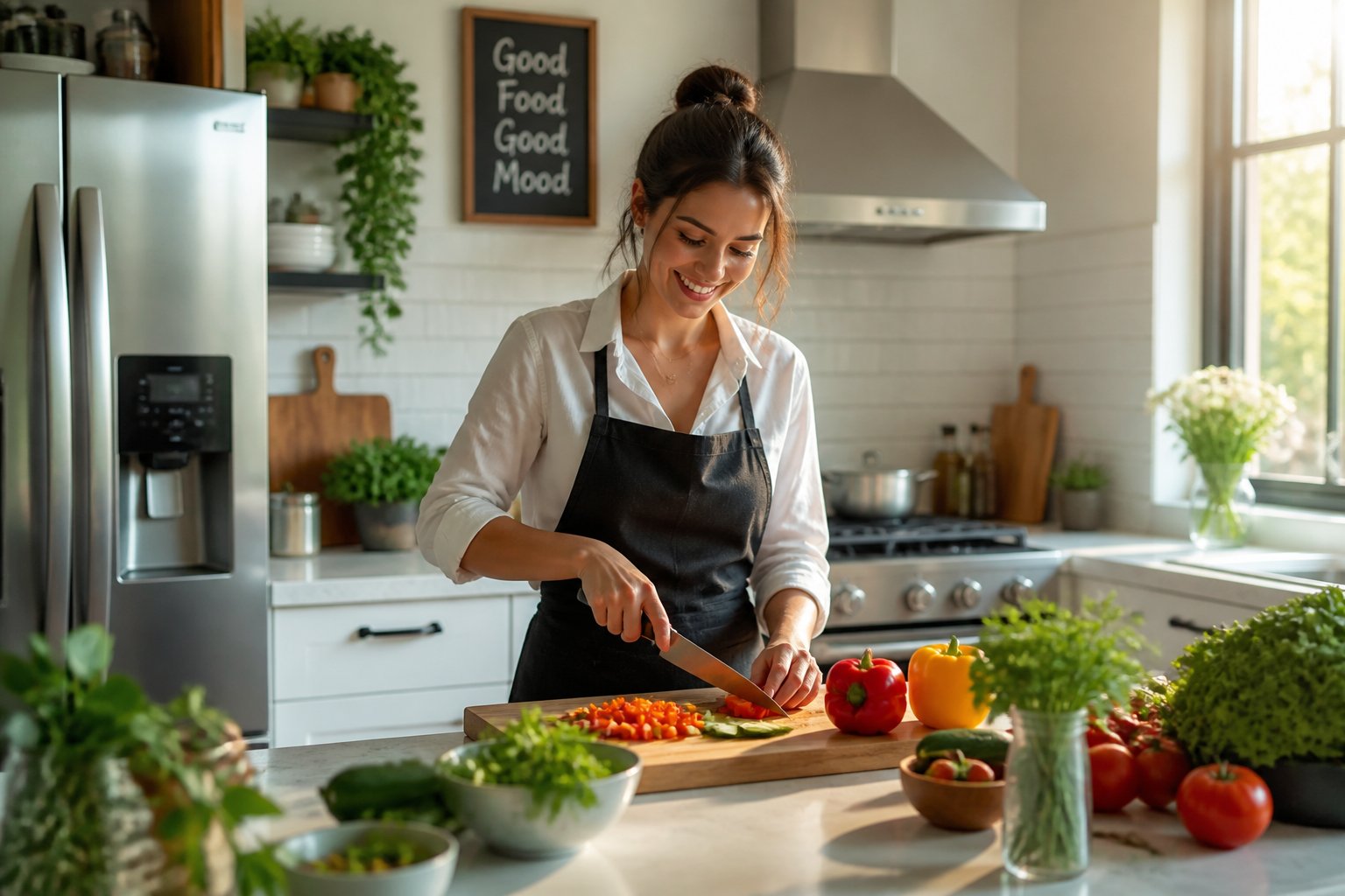 A person preparing food in a bright, modern kitchen with fresh ingredients and natural sunlight.