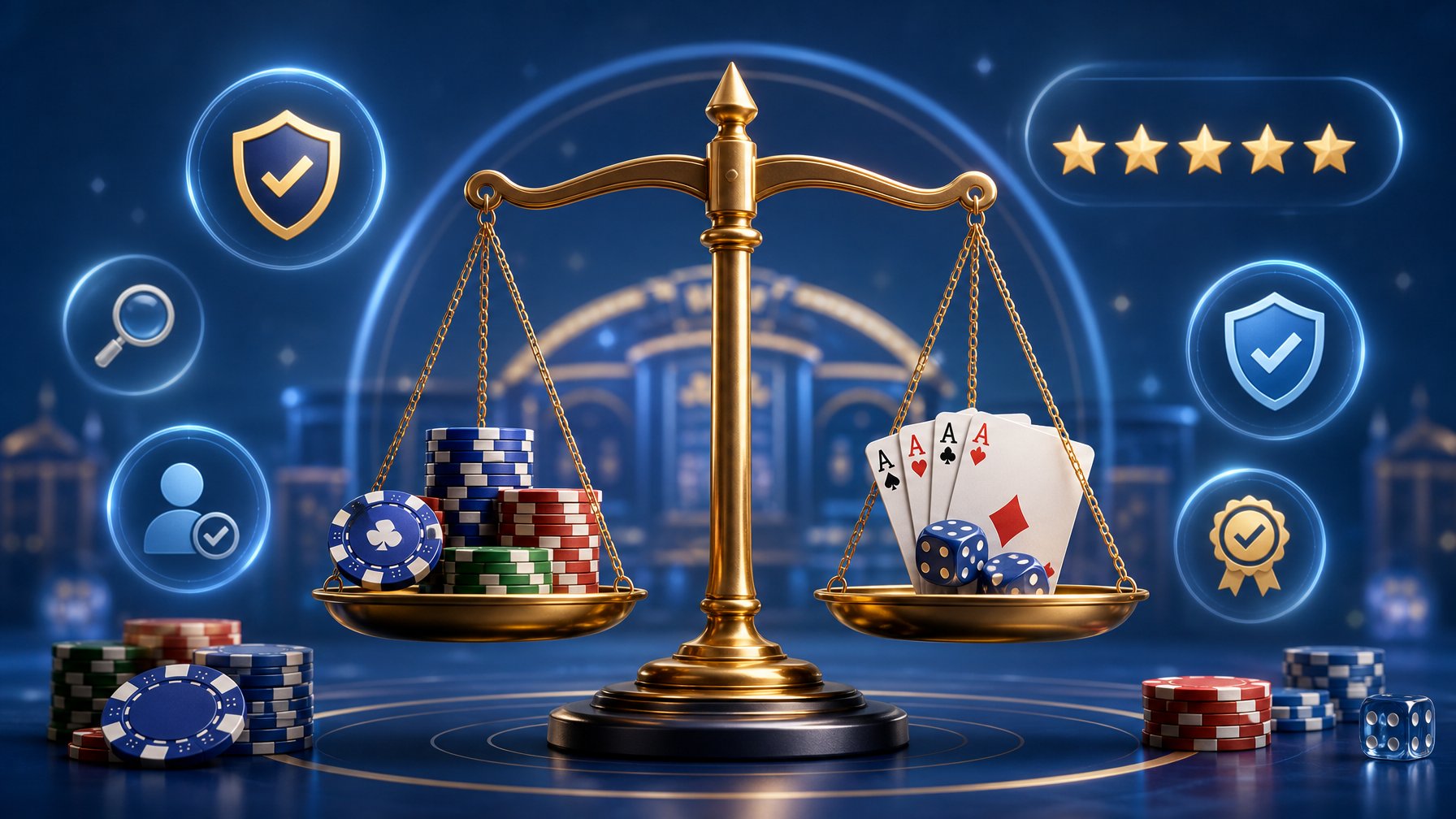 A Balanced Scale Surrounded By Casino Elements Like Poker Chips, Playing Cards, And Dice, With Glowing Icons Of Checkmarks, Shields, And Stars Floating In The Background.