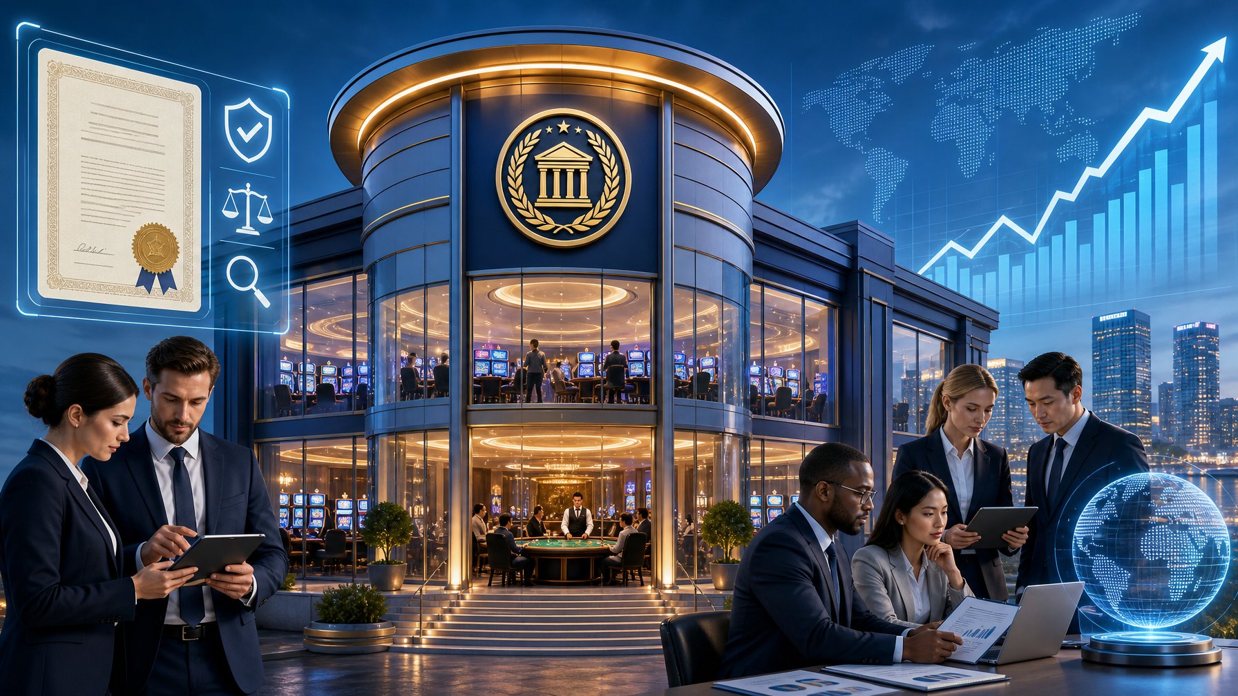A Modern Casino Building With Visible Certificates And Transparent Glass Walls Showing Operators Managing Gaming Tables, Surrounded By Professionals Reviewing Documents And A Digital Market Graph In The Background.