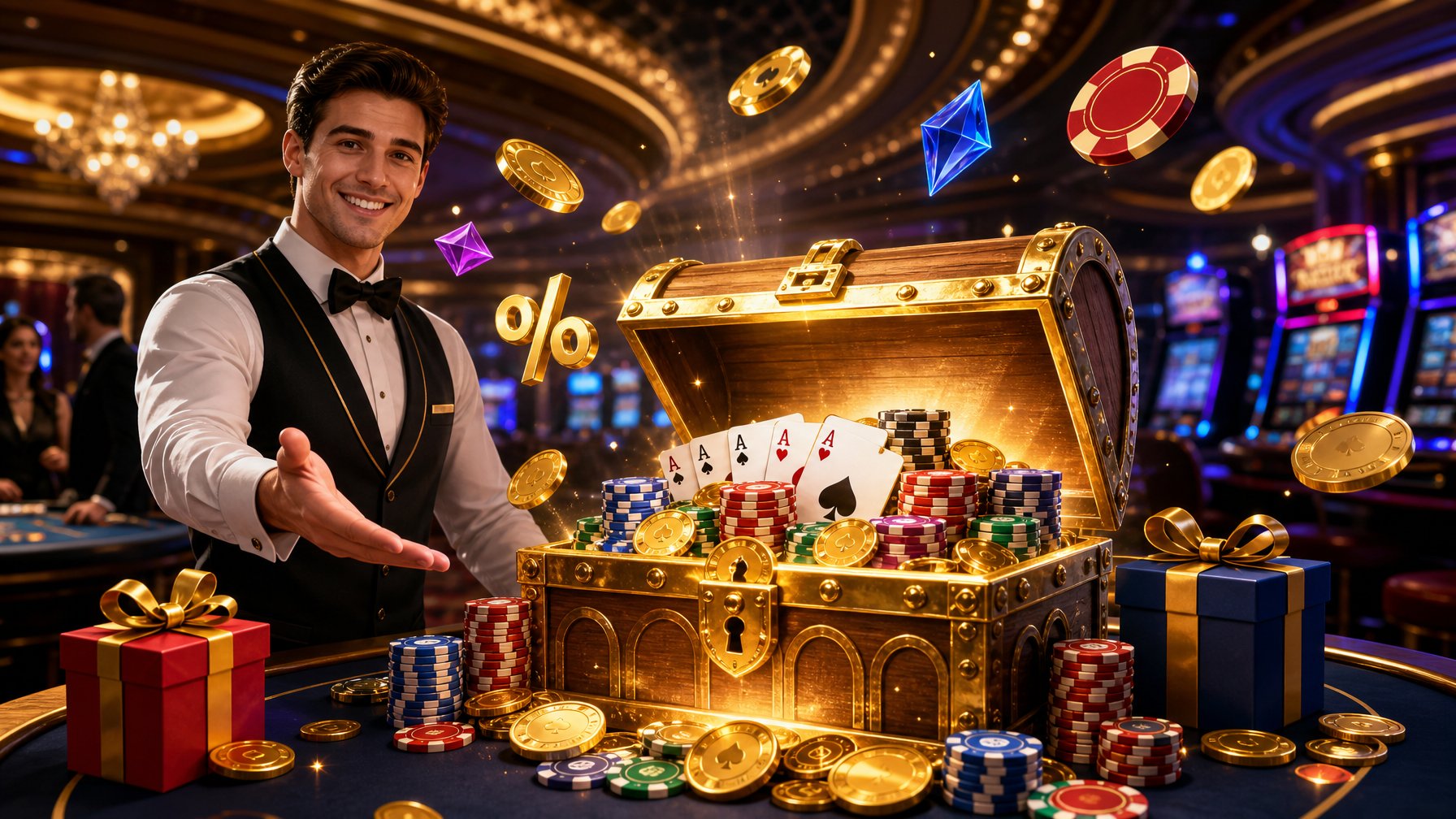 A Casino Host Presenting A Treasure Chest Filled With Casino Chips, Cards, And Coins Inside A Modern Casino With Slot Machines And Gaming Tables.