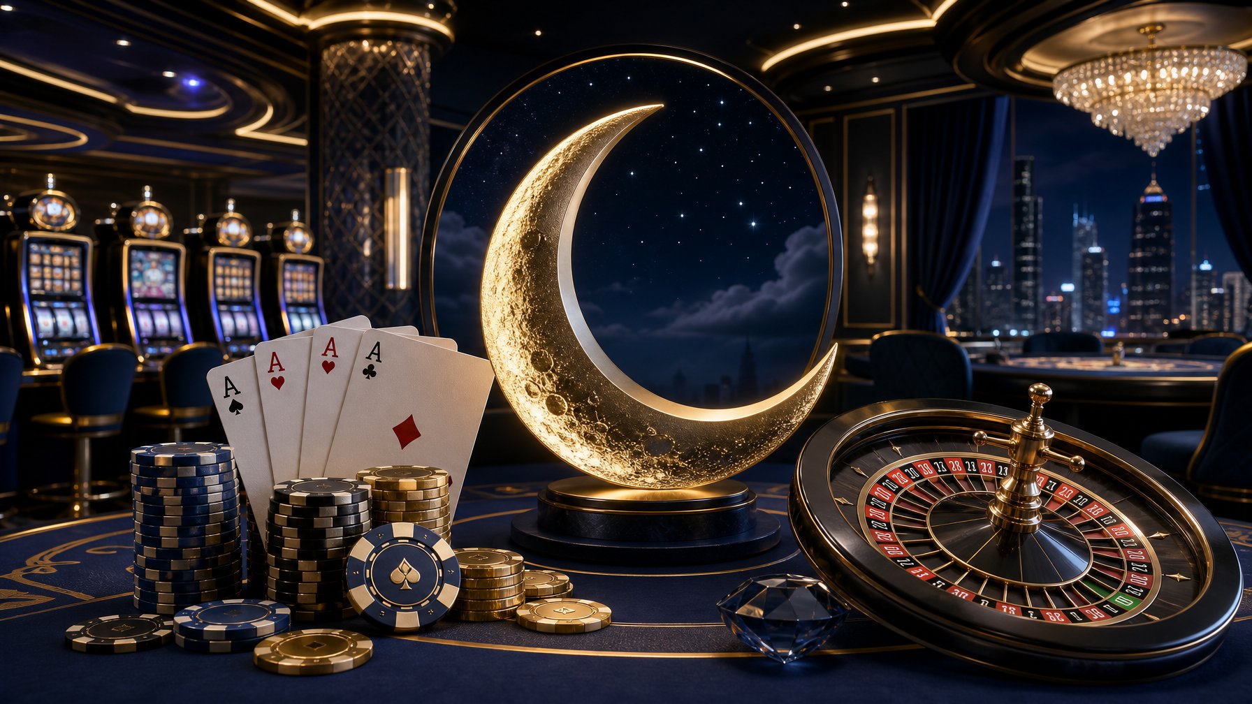 A Modern Casino Interior With A Crescent Moon Symbol And Various Casino Gaming Elements Like Poker Chips, Playing Cards, Roulette Wheel, And Slot Machines.