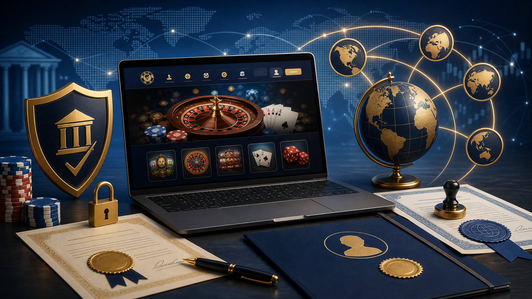 A Digital Workspace With A Laptop Showing A Casino Website, Surrounded By Documents With Seals, A Security Shield Icon, And Globe Icons Representing Market Access.