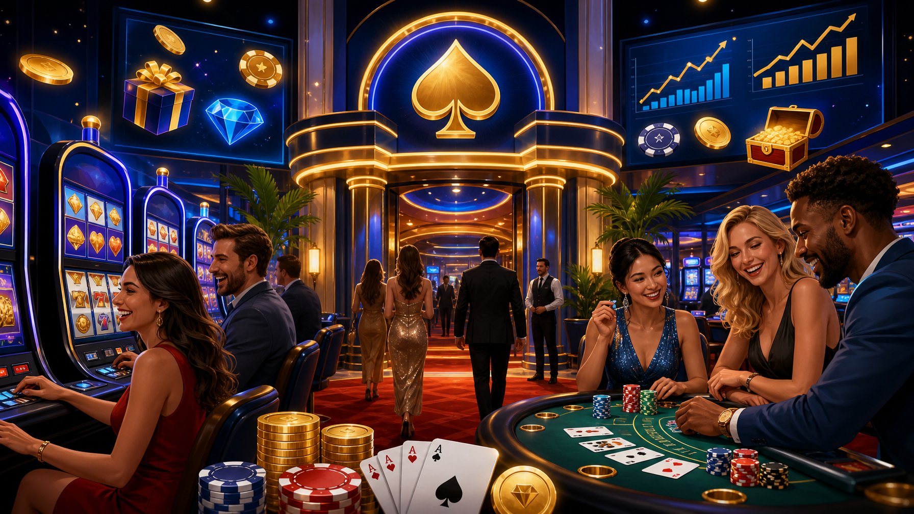 A Lively Casino Scene With Players Enjoying Slot Machines And Card Tables Surrounded By Chips, Cards, And Coins, Highlighting A Welcoming And Rewarding Atmosphere.